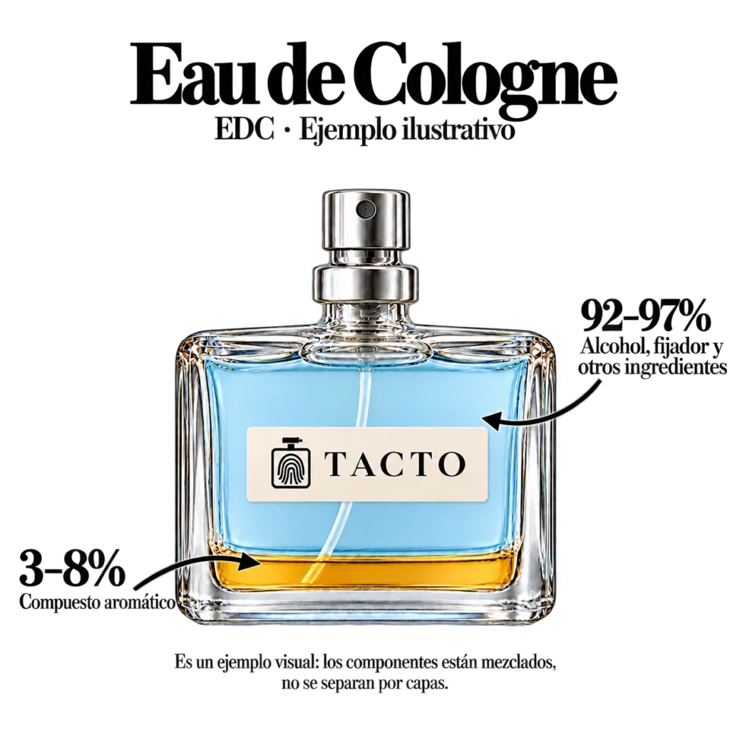 Esquema ilustrativo de un Eau de Cologne: concentrado aromático de 3–8 %, el resto es base de alcohol y otros componentes.