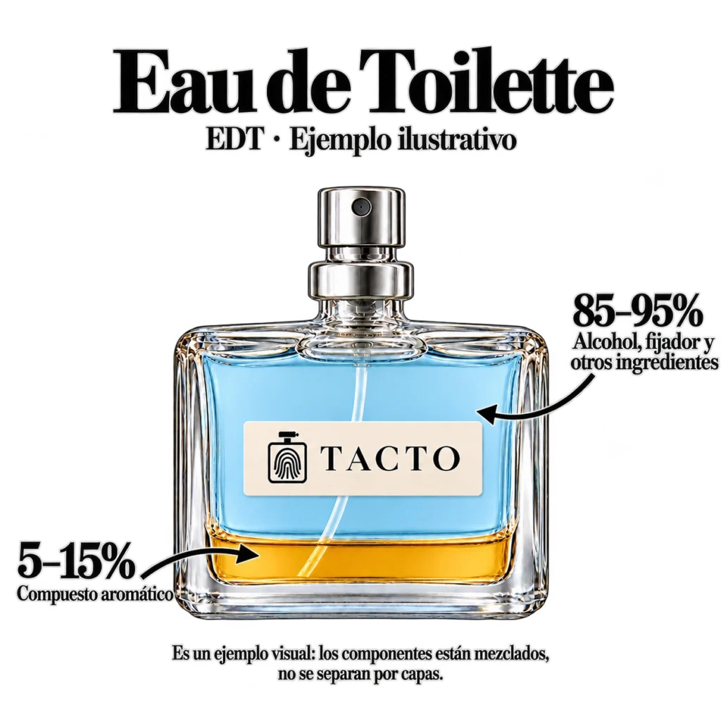 Esquema ilustrativo de un Eau de Toilette: concentrado aromático de 5–15 %, el resto es base de alcohol y otros componentes.