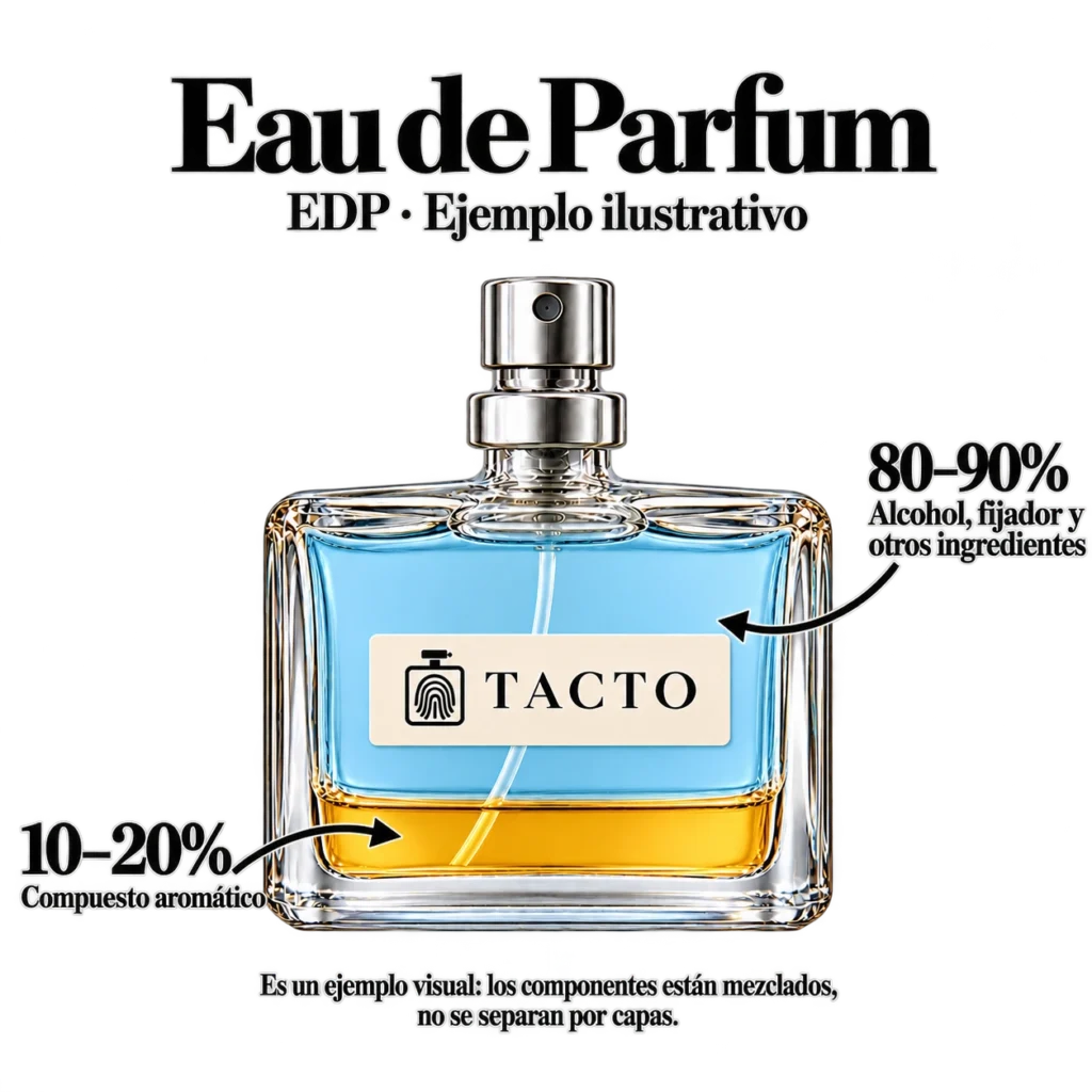 Esquema ilustrativo de un Eau de Parfum: concentrado aromático de 10–20 %, el resto es base de alcohol y otros componentes.