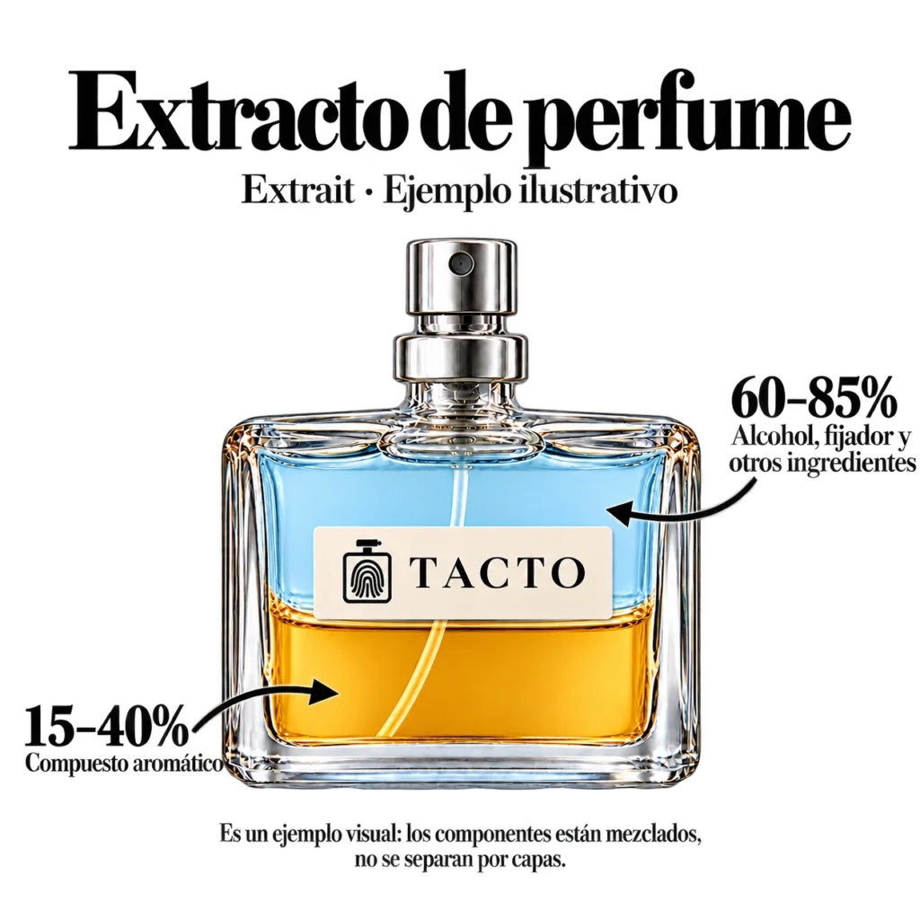 Esquema ilustrativo de un Extracto de perfume: concentrado aromático de 15–40 %, el resto es base de alcohol y otros componentes.